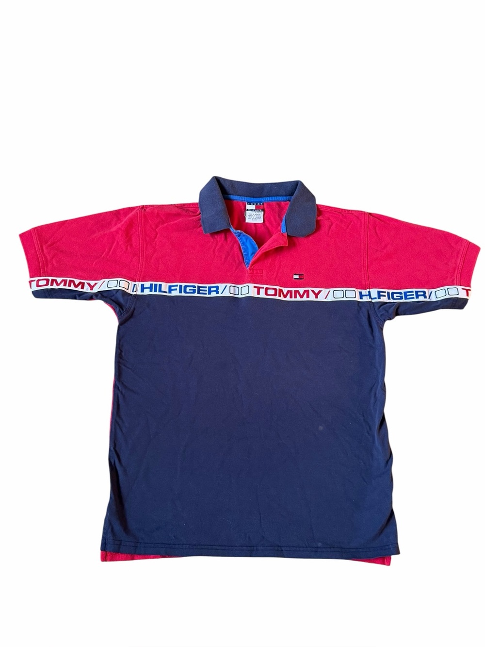 Vintage Tommy Hilfiger Colorblock Pique Polo Shirt Men's XL Red Navy Blue 90s